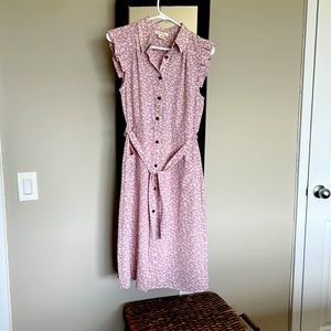 Monteau Size Large Georgette Purple Cream Floral Button Front Tie Shirt Dress